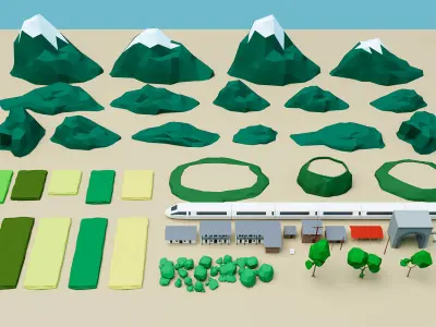 Rural landscape and low poly trees Low-poly 3D model