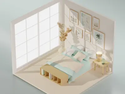5 Lowpoly bedrooms bedroom with bed and lamp Low-poly 3D model