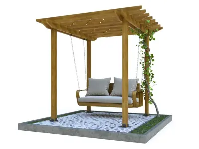 Wooden pergola with hanging sofa 3D model