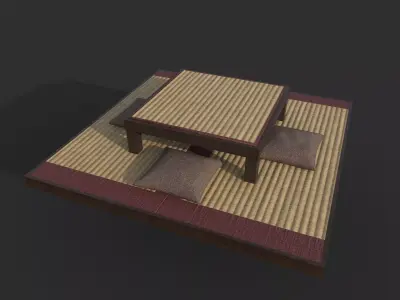 Japanese table with pillows Low-poly 3D model