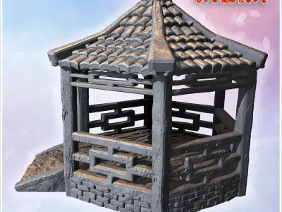 Traditional hexagonal pavilion with wooden pillars tiled roof an 3D print model