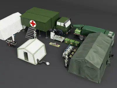 Army Medic Camp Tent Red Cross Truck Medical Props Pack Low-poly 3D model