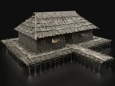 AAA SWAMP WETLAND FANTASY MEDIEVAL WOODEN VIKING HOUSE HUT Low-poly 3D model