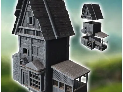 Large medieval building with covered annex and wooden roof 2 - M 3D print model