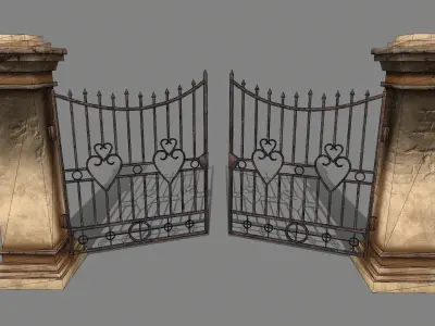 wall set stone with iron railings Low-poly 3D model