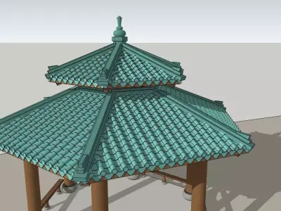 Traditional Asian Pavilion-Wooden Structure with Tiled Roof 3D model