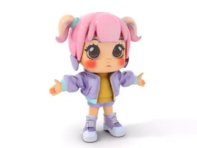 Chibi PinkHaired Girl Character Rigged and Animated Low-poly 3D model
