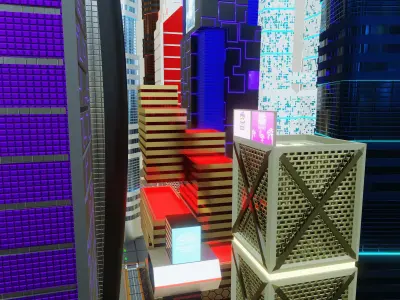 Sci Fi Building City with Roads Lights Screens - Low Poly PBR Low-poly 3D model