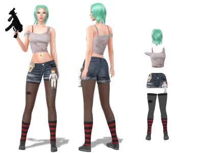 Female Denim Shorts Stockings Flat Shoes Top Stained Outfit Low-poly 3D model