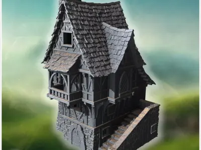 Large medieval house with steep roofs timber framing and stone w 3D print model