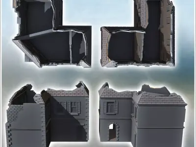 Set of two ruined urban buildings with tiled roofs exposed brick 3D print model