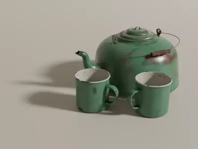 Tin kettle and cups Low-poly 3D model