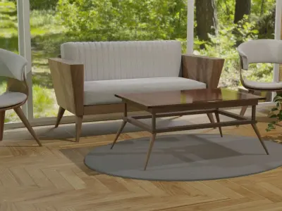 modern living room include modern wood chair and wooden sofa 3D model