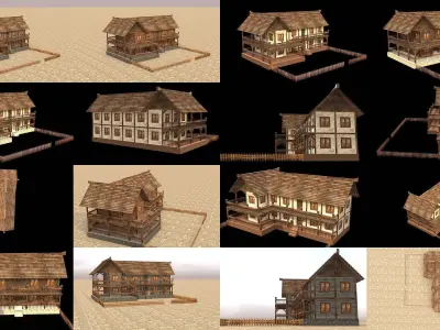Game-Ready Low Poly Medieval House Bundle Realistic Textures 3D Model Pack