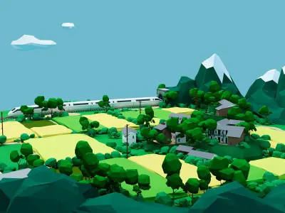 Rural landscape and low poly trees Low-poly 3D model
