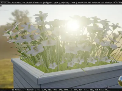 Public Plant Pot Wood-Version with White Flowers Low-poly 3D model