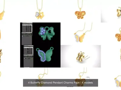 4 Butterfly Diamond Pendant Charms Pack