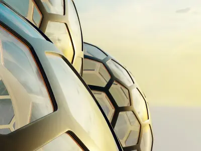 2 fused glass hexagon sci fi spherical domes set with walkway 3D model