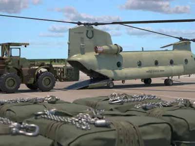  Forklift Loads Cargo to the Transport Helicopter CH 47 Chinook Rigged 