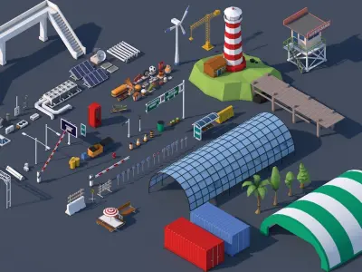 Roads  Rooftop  Street Elements 3 in 1 Low-poly 3D model