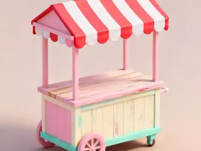 Stylized Pastel Vendor Cart 3D Model - Cute Market Stall Low-poly 3D model