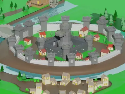 Low Poly Kingdom toy castle in middle of field Low-poly 3D model