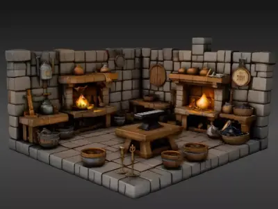 Stylized Blacksmith Forge 3D Model Scene Low Poly Medieval  Low-poly 3D model