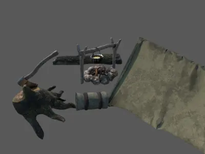 CAMPING tent and logs in woods 3D model