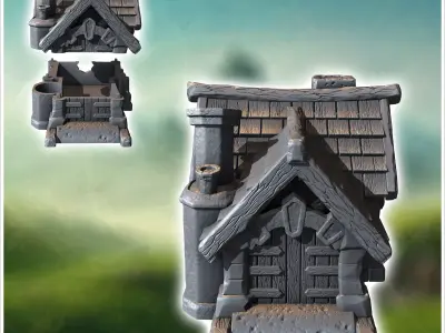 Medieval building with outdoor fireplace two-part roof and woode 3D print model