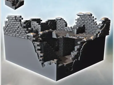 Heavily damaged stone building with exposed steel framework and  3D print model