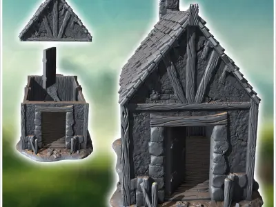 Medieval house with half-timbered walls tiled roof and fireplace 3D print model