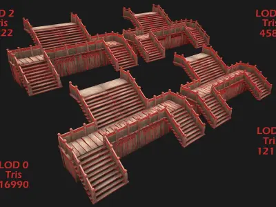 Medieval Wooden Steps Flight of Stairs Low-poly 3D model