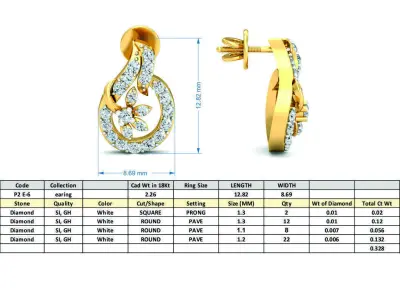 Yellow gold diamond earring-P2 E-6 3D print model
