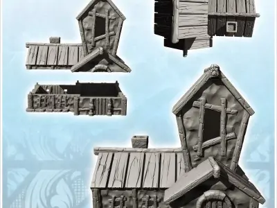 Medieval house with wooden roof and central tower with window 12 3D print model