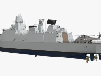  Navy Frigate with Radar Systems and Helicopter 