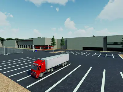 Warehouse 3D model game ready with parking lots Low-poly 3D model