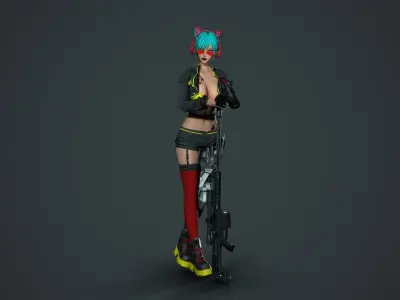 Cyberpunk Sniper Girl - Game Ready Low-poly 3D model