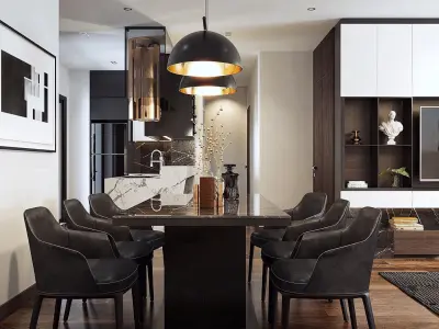 Modern apartment with elegant living room kitchen  dining room 3D model