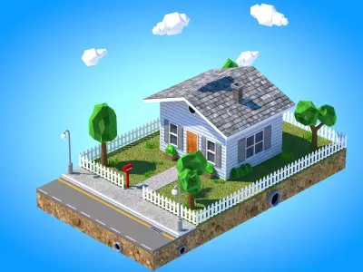 Low Poly House with fence Low-poly 3D model