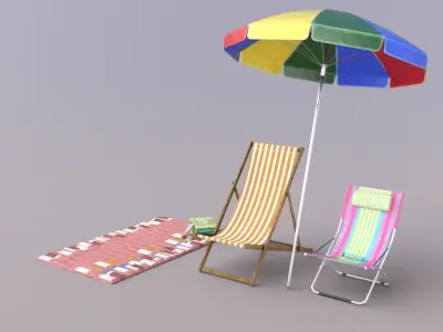 Beach Pack - Folding Chair Umbrella Towel Mat and Sunscreens Low-poly 3D model