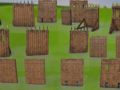 Ancient fortress gate tower fence wooden fencing for defense 3D Model Pack