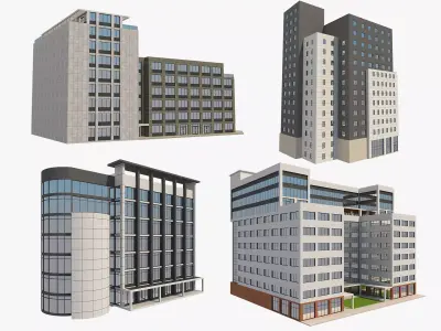 4 Buildings Set 1 building with windows and balconies 3D model