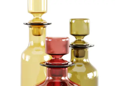 Three decorative glass bottles and red apple 3D model