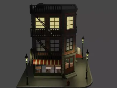 New York Styled Brownstone Corner Cafe Low-poly 3D model