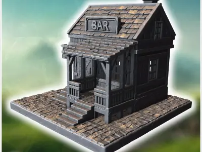 Wooden bar with a wide porch stone steps and a sign above the ro 3D print model