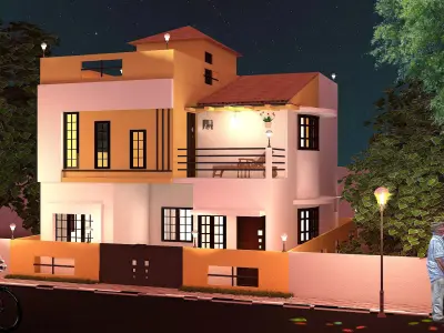 Exterior model of a house with both day and night rendering 3D model