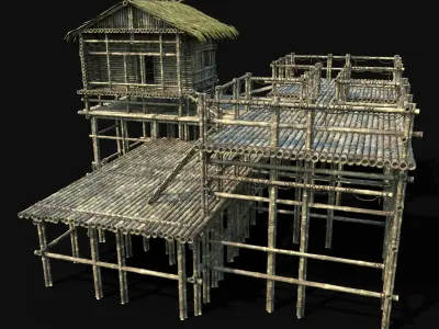 BAMBOO WATCHTOWER FORT SHELTER HOUSE TREE JUNGLE HUT SURVIVAL Low-poly 3D model