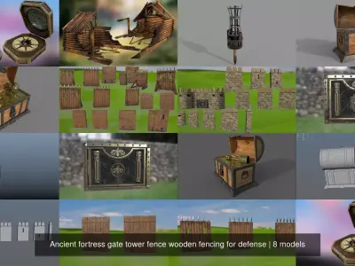 Ancient fortress gate tower fence wooden fencing for defense 3D Model Pack