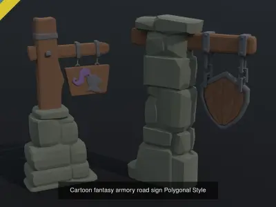 Cartoon fantasy road signs Polygonal Style 3D Model Pack