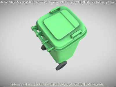 Green Plastic Waste Bin 120 Liters 945x393x480 Low-poly 3D model